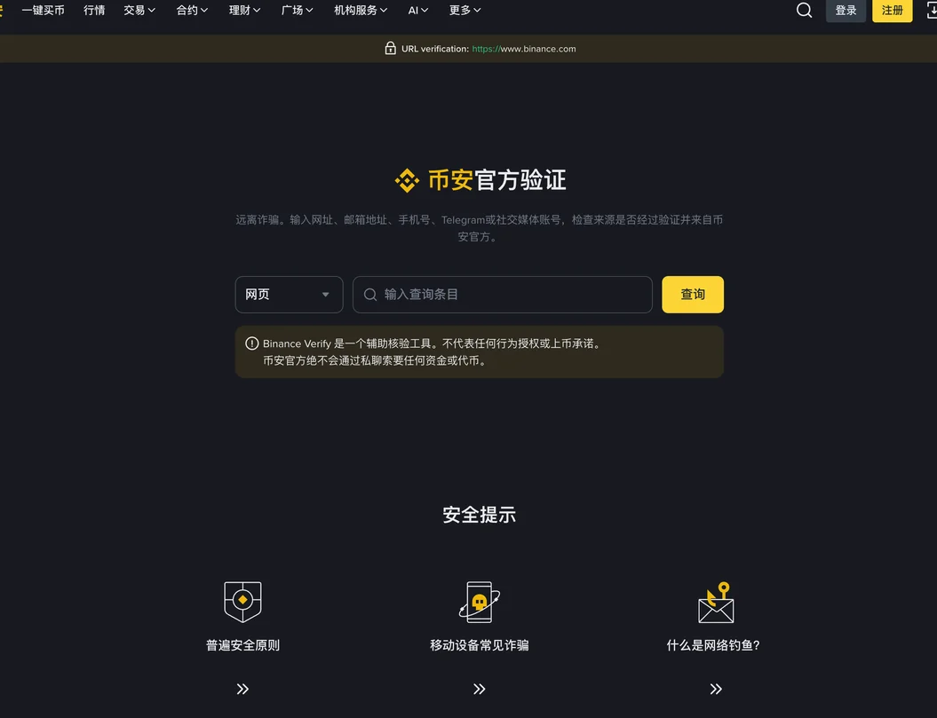 币安官方验证页：类型下拉框选网页，旁边是查询输入框和黄色查询按钮，下方提示 Binance Verify 是辅助核验工具、币安官方绝不会通过私聊索要资金或代币